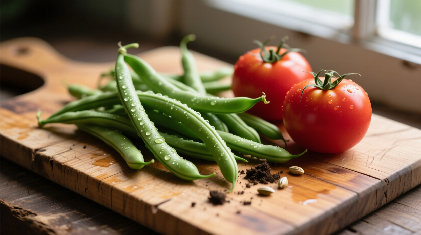 Fresh green beans and ripe tomatoes on wooden cutting board