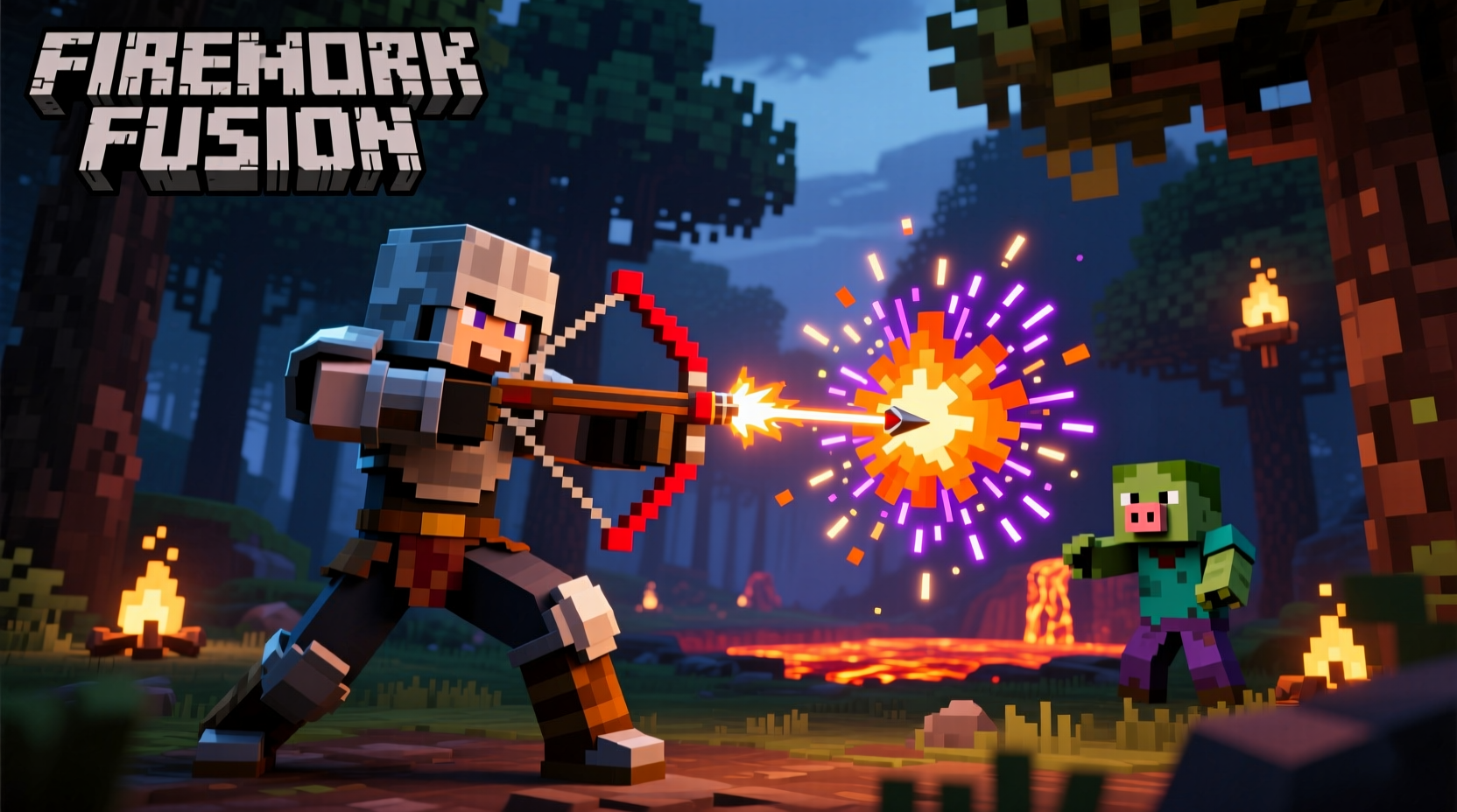 Minecraft player using crossbow with fireworks in combat scenario