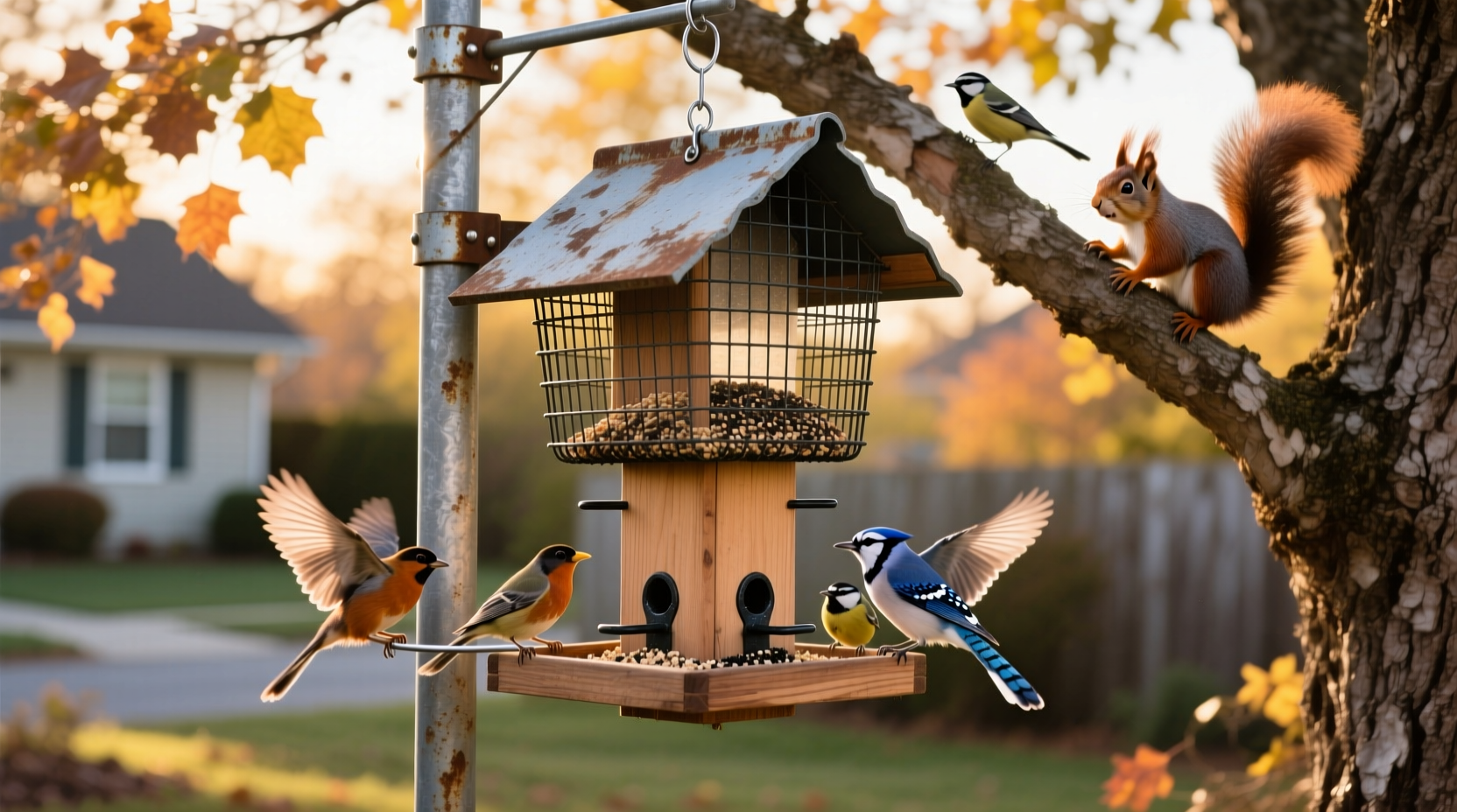DIY squirrel baffle installed on bird feeder pole with birds