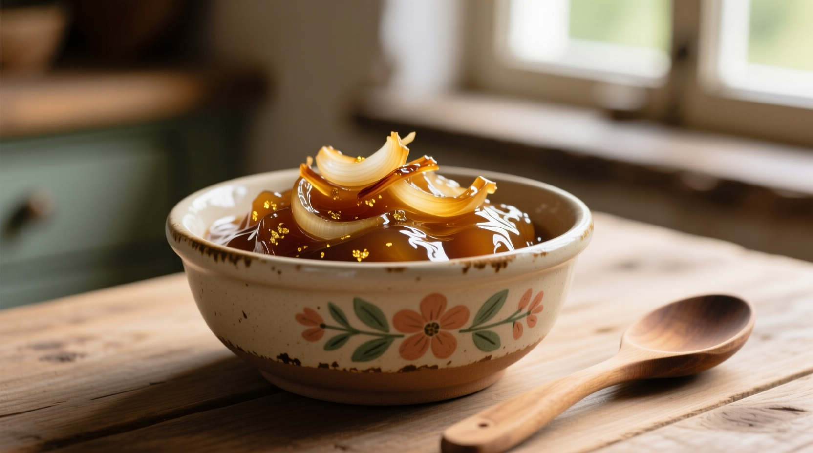 Golden brown onion jam in a ceramic bowl
