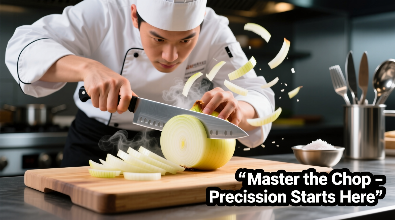 Chef demonstrating proper onion chopping technique
