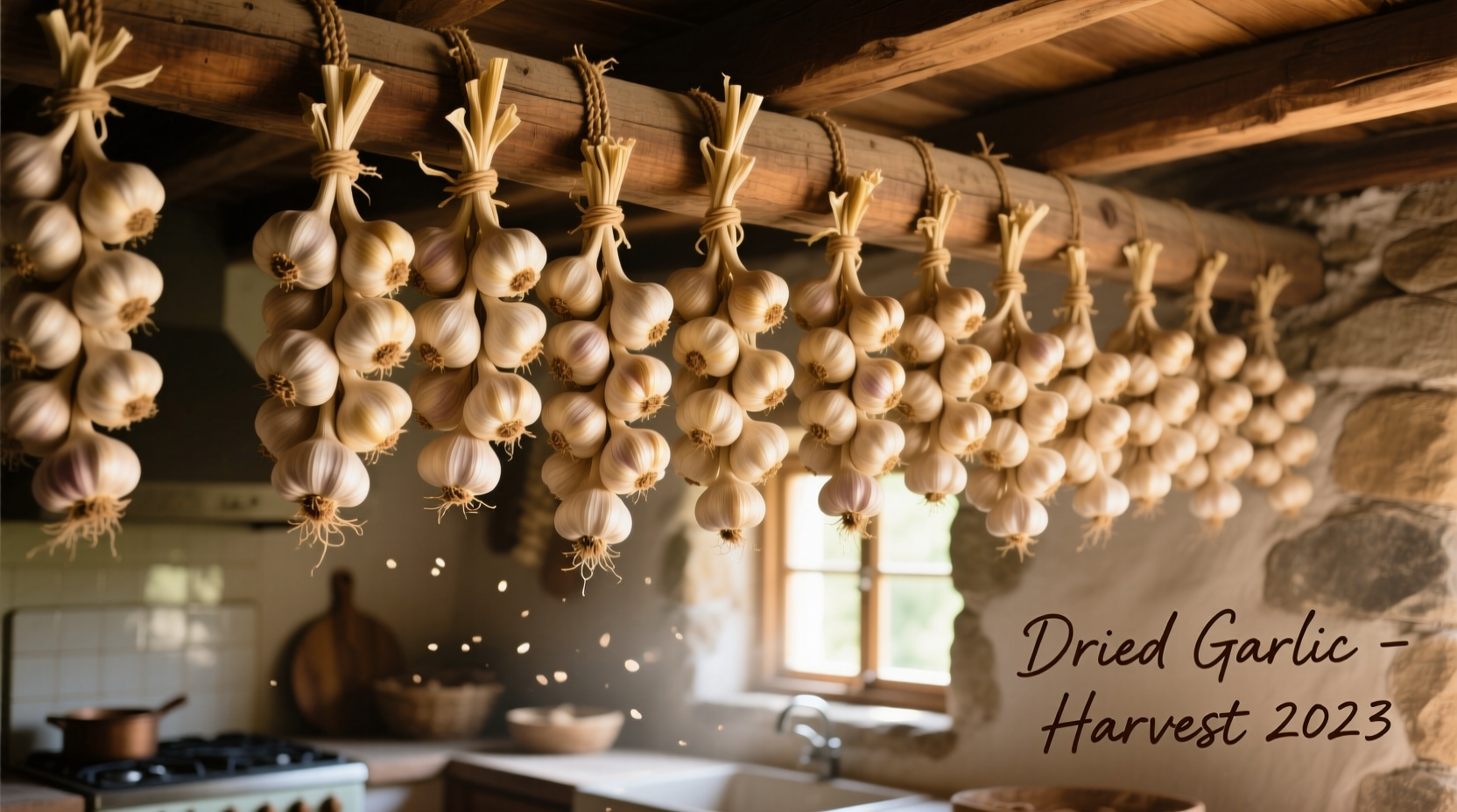 Garlic bulbs hanging to dry in a well-ventilated kitchen