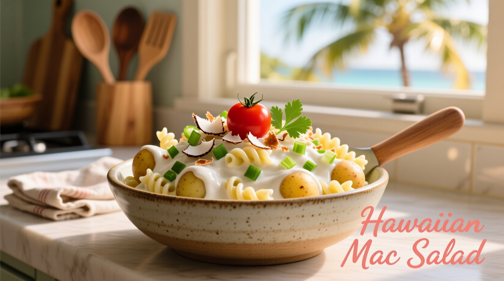 Creamy Hawaiian potato mac salad in serving bowl with garnish