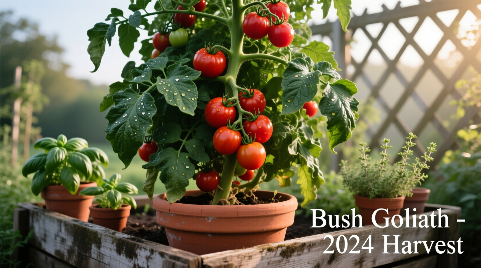 Bush Goliath tomato plant in container garden