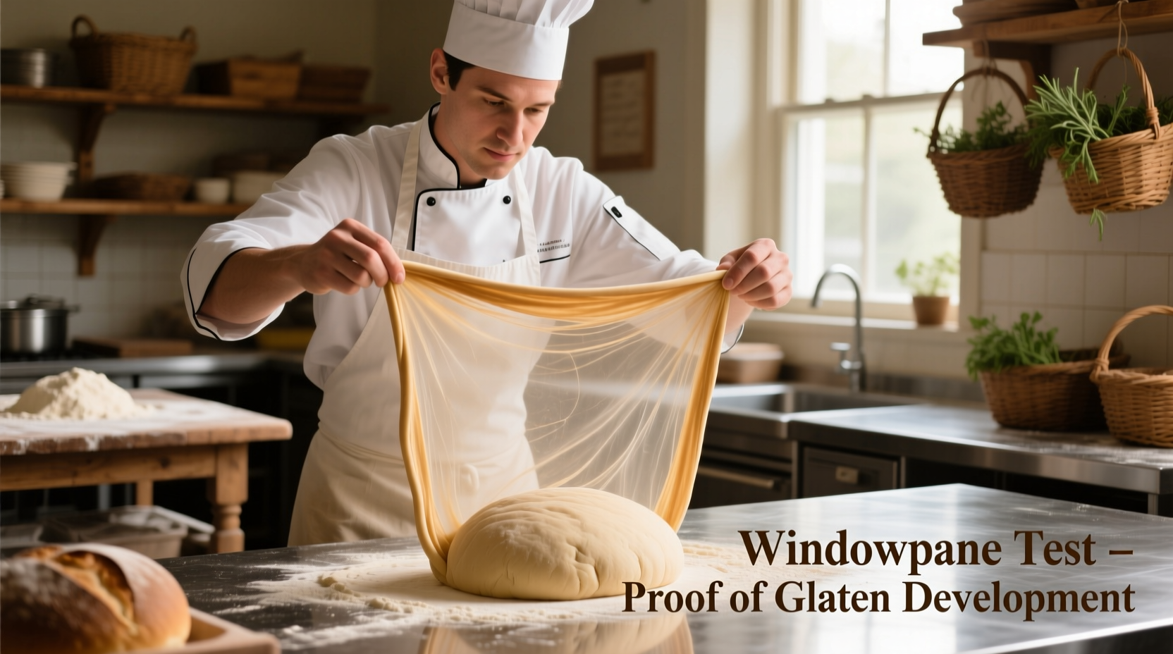 Baker performing windowpane test on bread dough