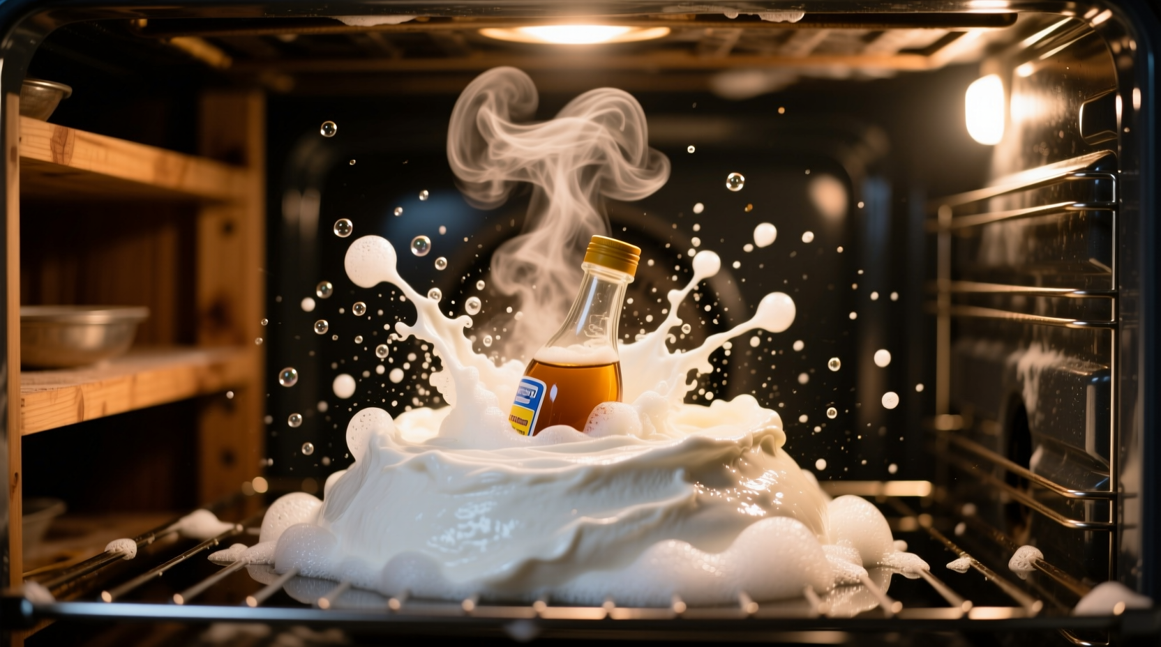 Vinegar spraying on baking soda paste in oven