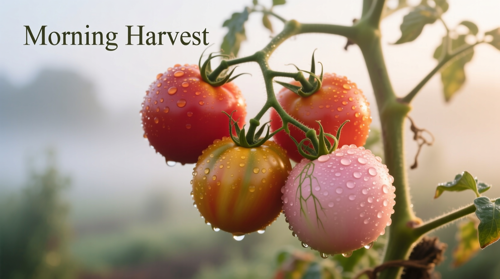 Ripe heirloom tomatoes on vine with morning dew