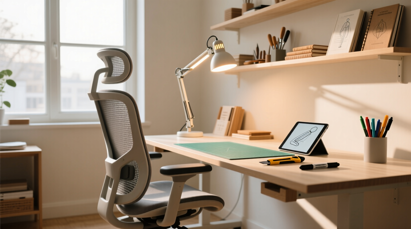 Ergonomic crafting setup with proper lighting and chair