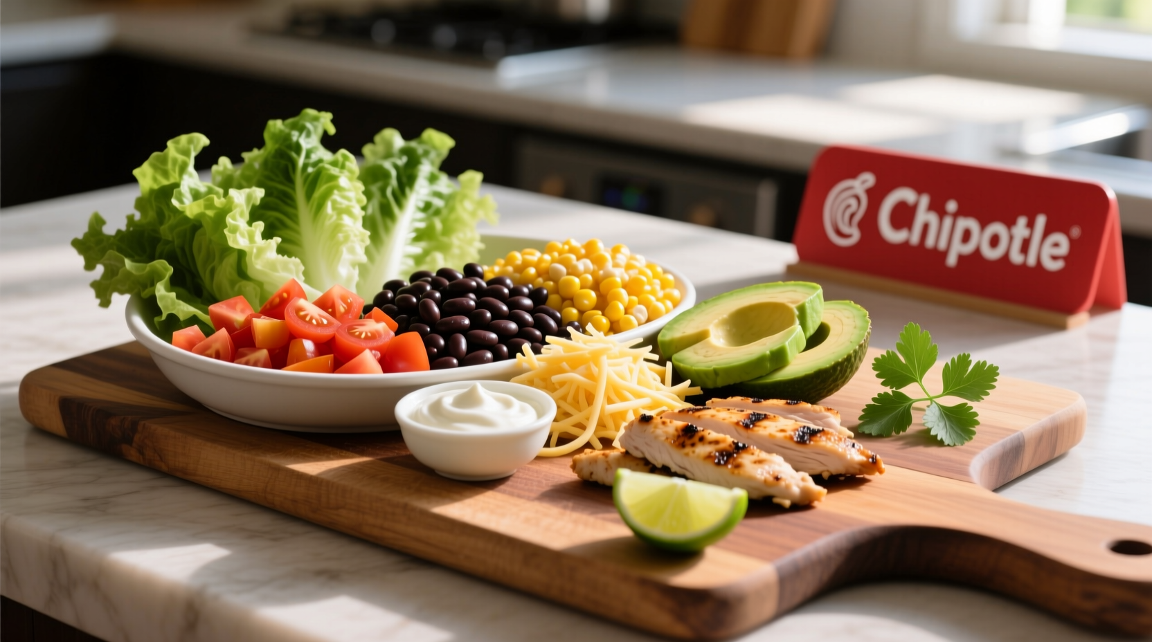 Chipotle bowl ingredients laid out on cutting board