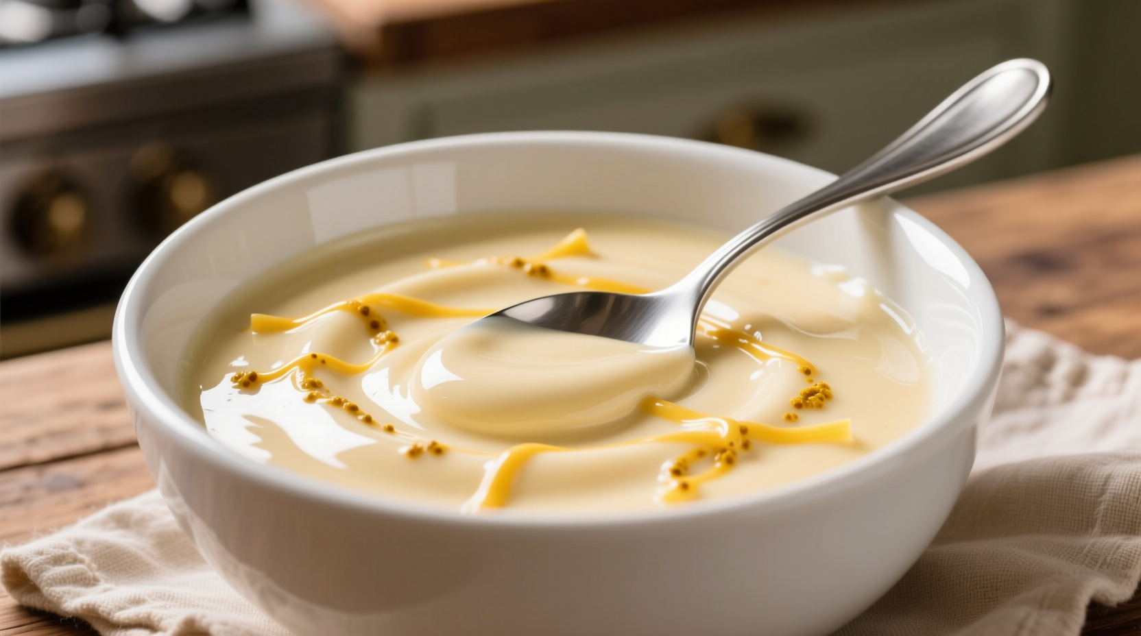 Creamy cauliflower cheese sauce in white bowl with spoon