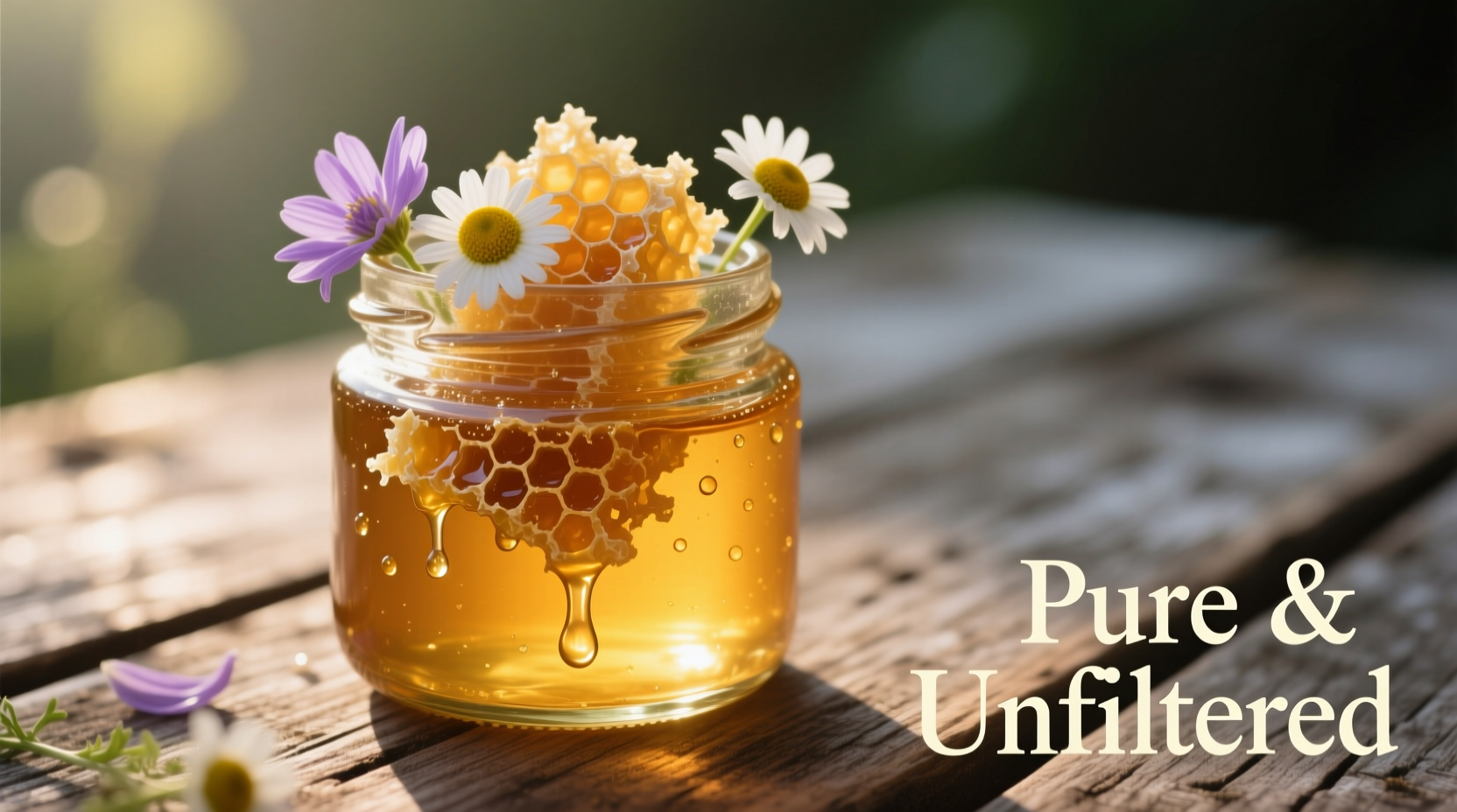 Raw organic honey in glass jar with visible honeycomb pieces and wildflower blossoms, demonstrating natural texture and unprocessed state