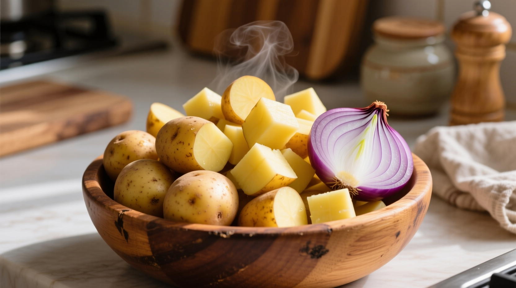 Chopped russet potatoes and onions in wooden bowl