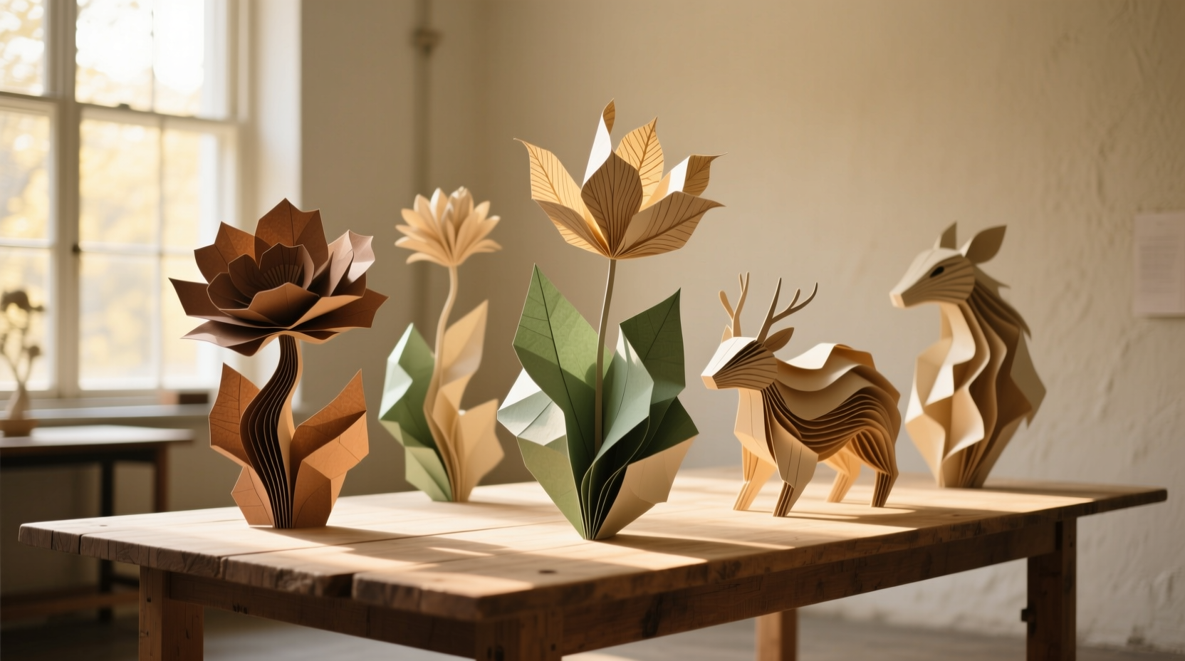 Recycled paper sculptures displayed in natural light