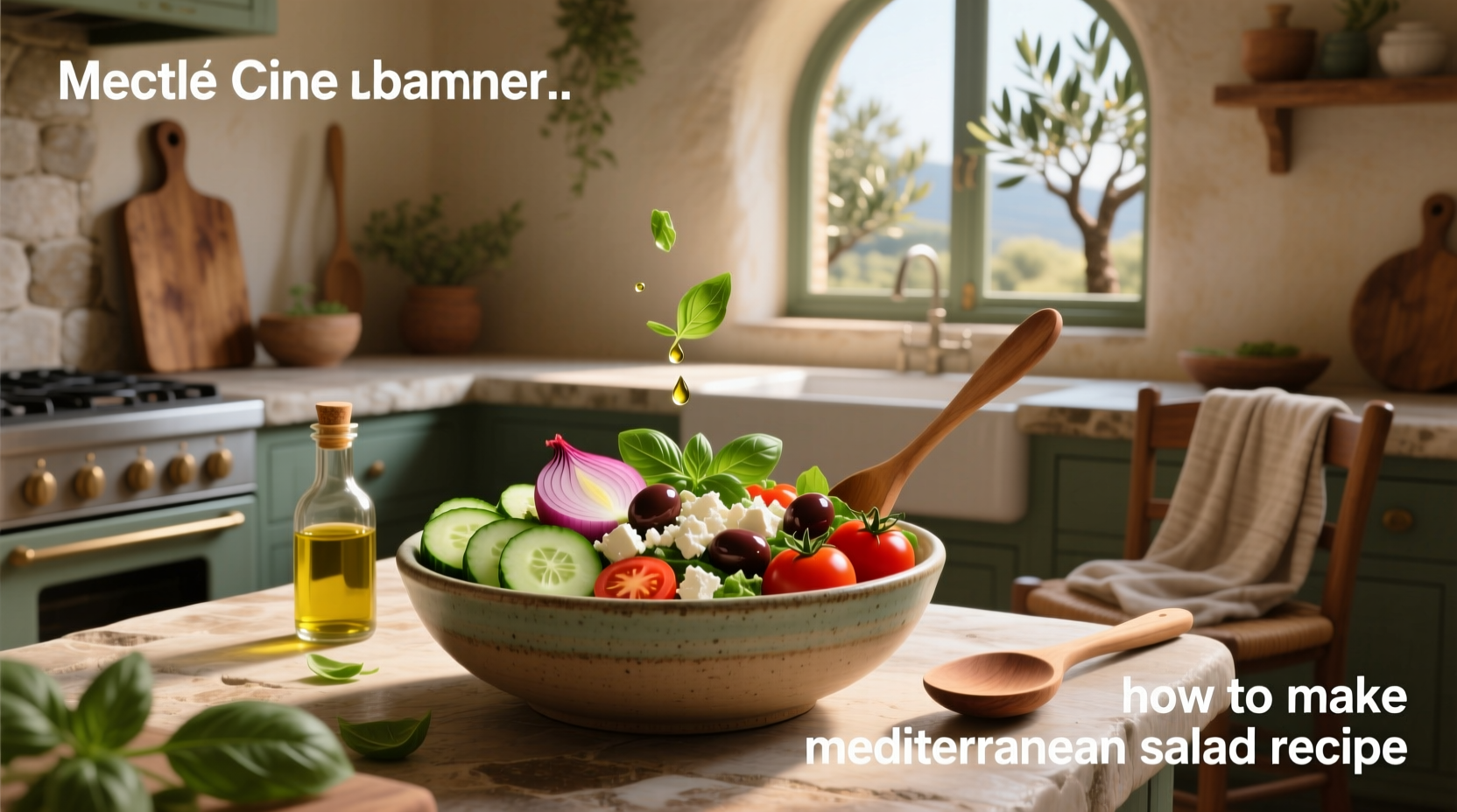 Freshly prepared Mediterranean salad with cucumbers, tomatoes, olives, and feta cheese on a white plate