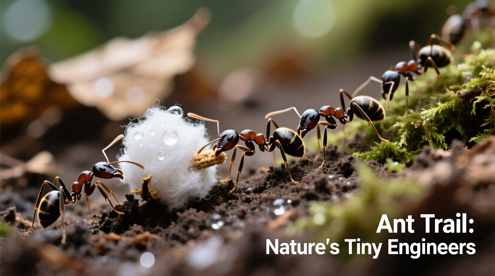 Ant trail with cotton ball bait showing active worker transport