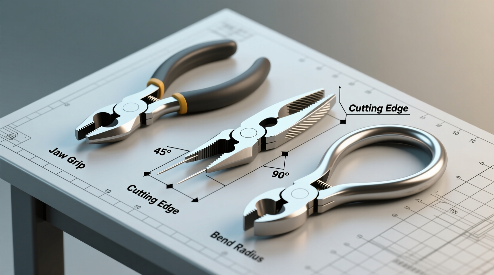 Three essential wire crafting tools with labeled parts and usage angles