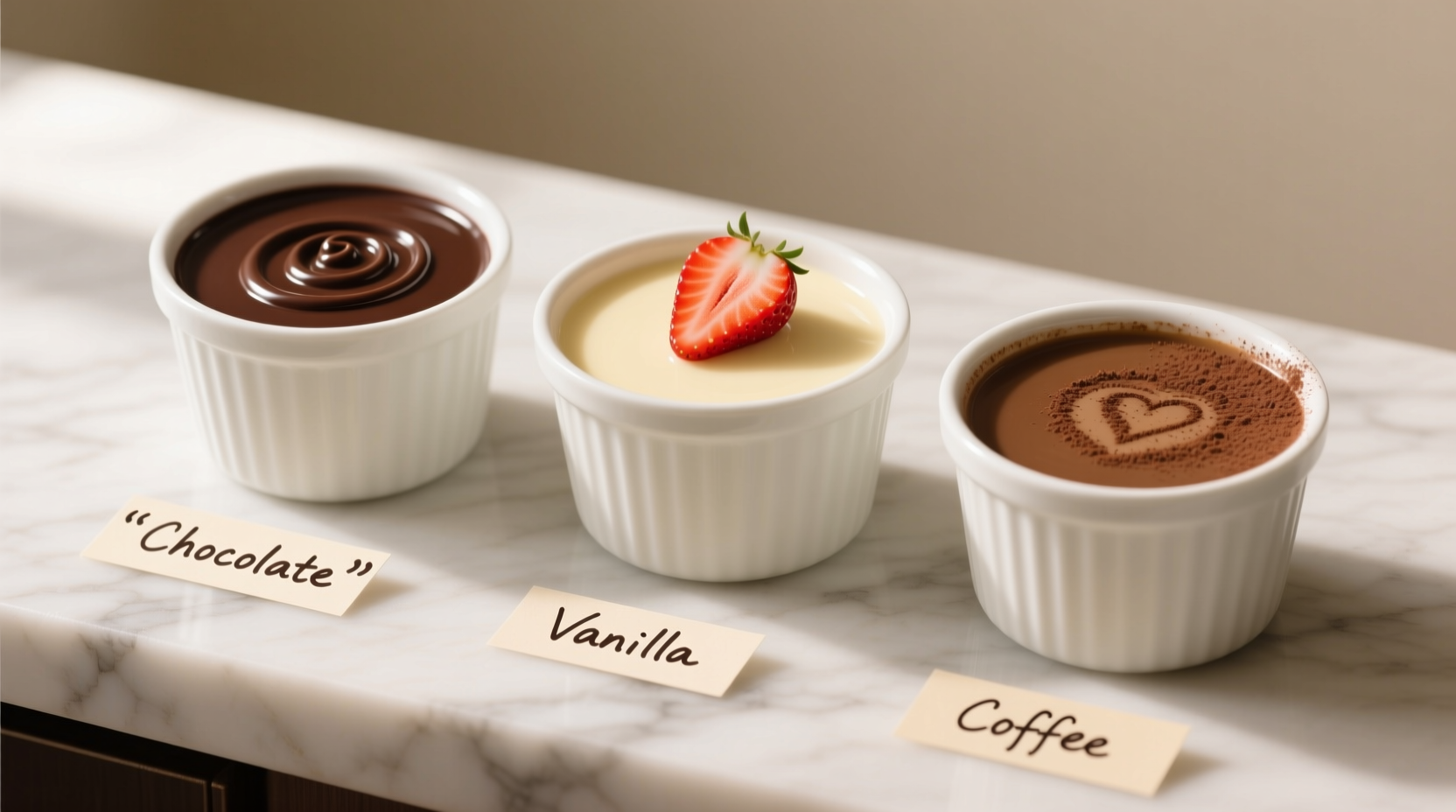 Three pudding cups: chocolate, vanilla, and coffee flavors side by side