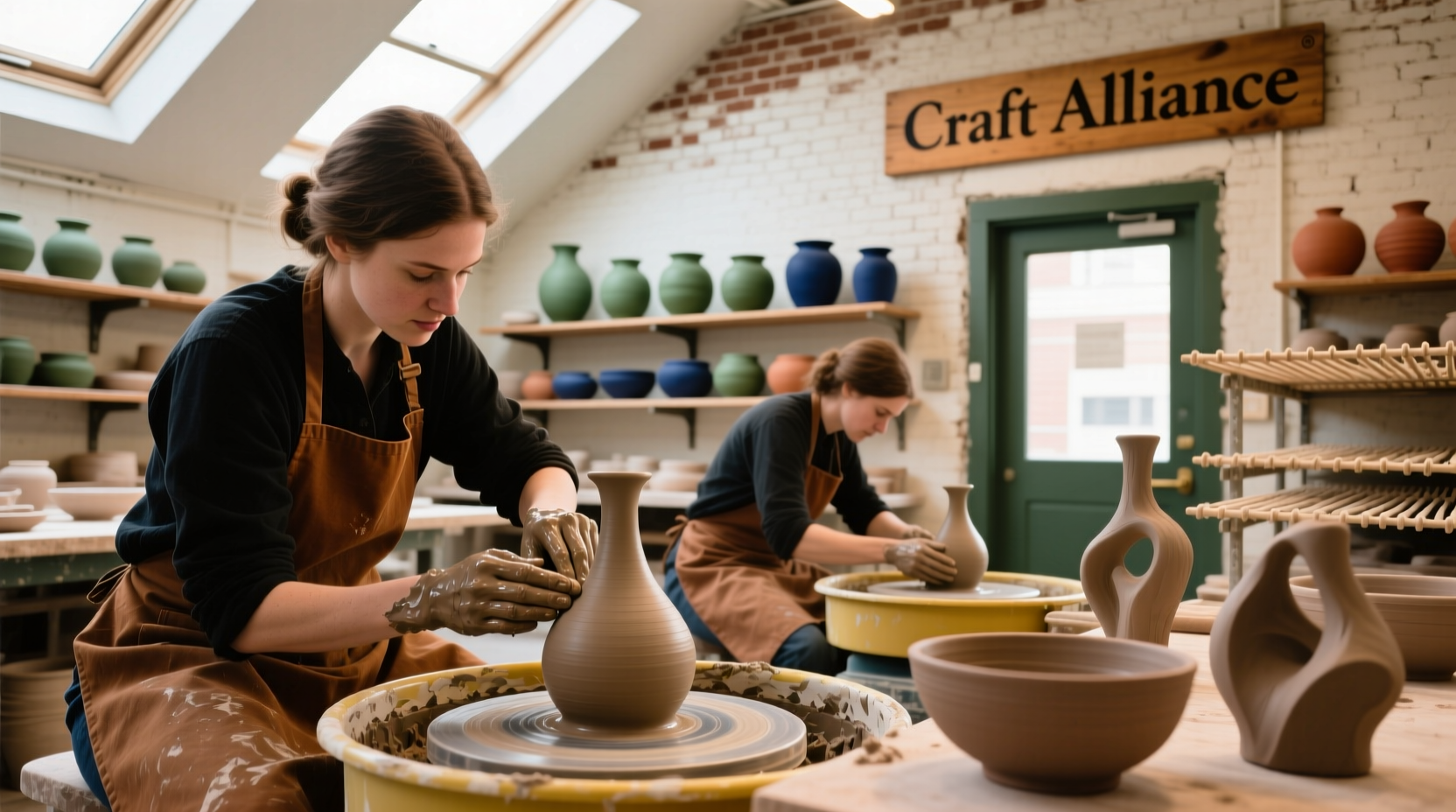 Craft Alliance ceramic studio with artists working at pottery wheels