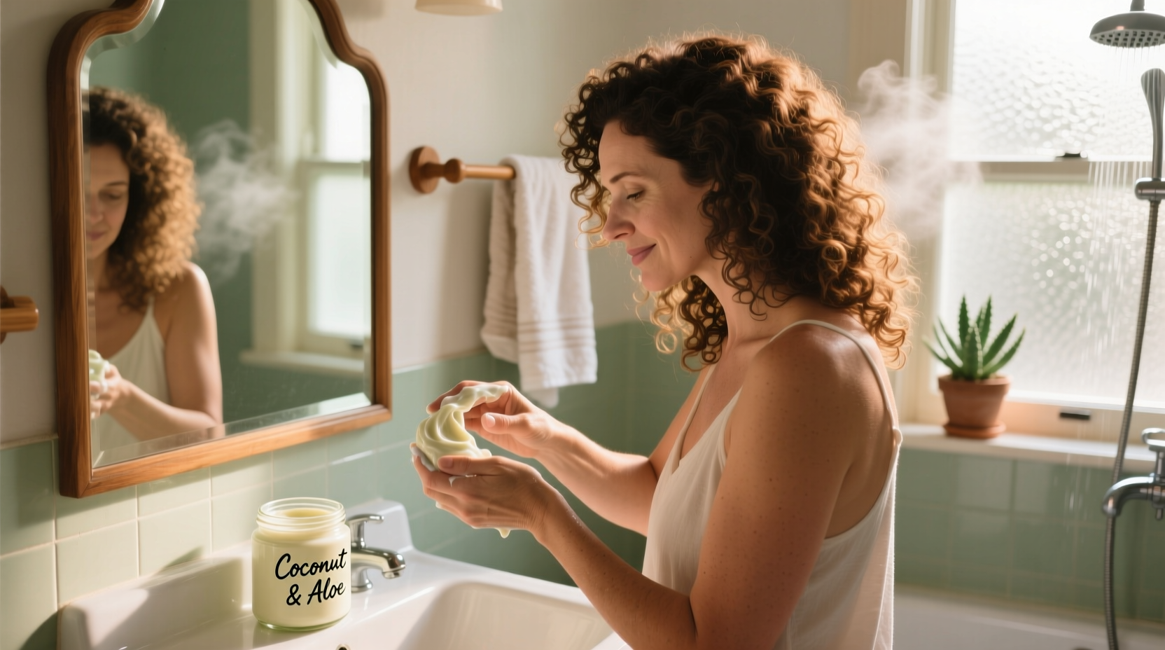 Woman applying homemade conditioner to curly hair in bathroom