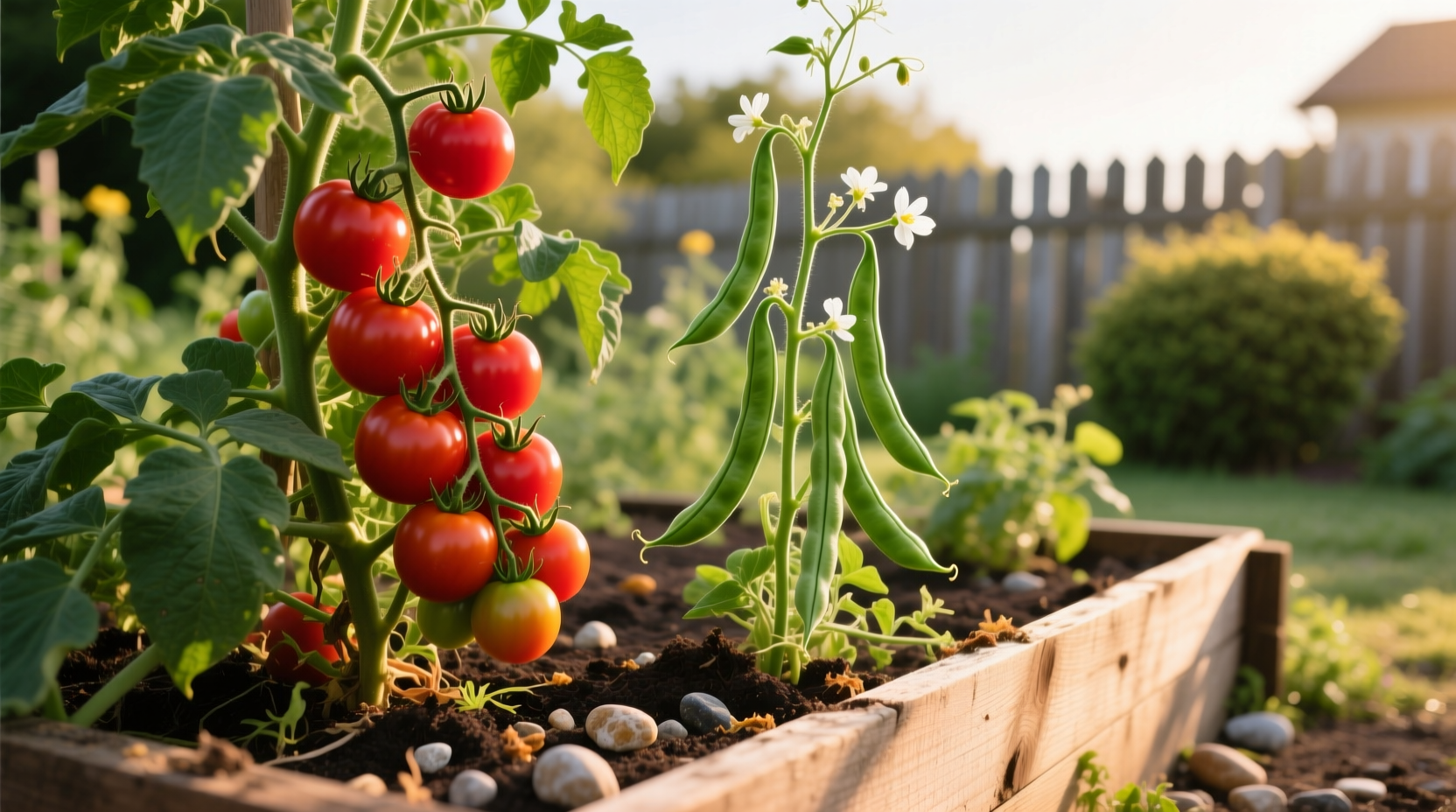 Tomato and green bean plants growing in garden