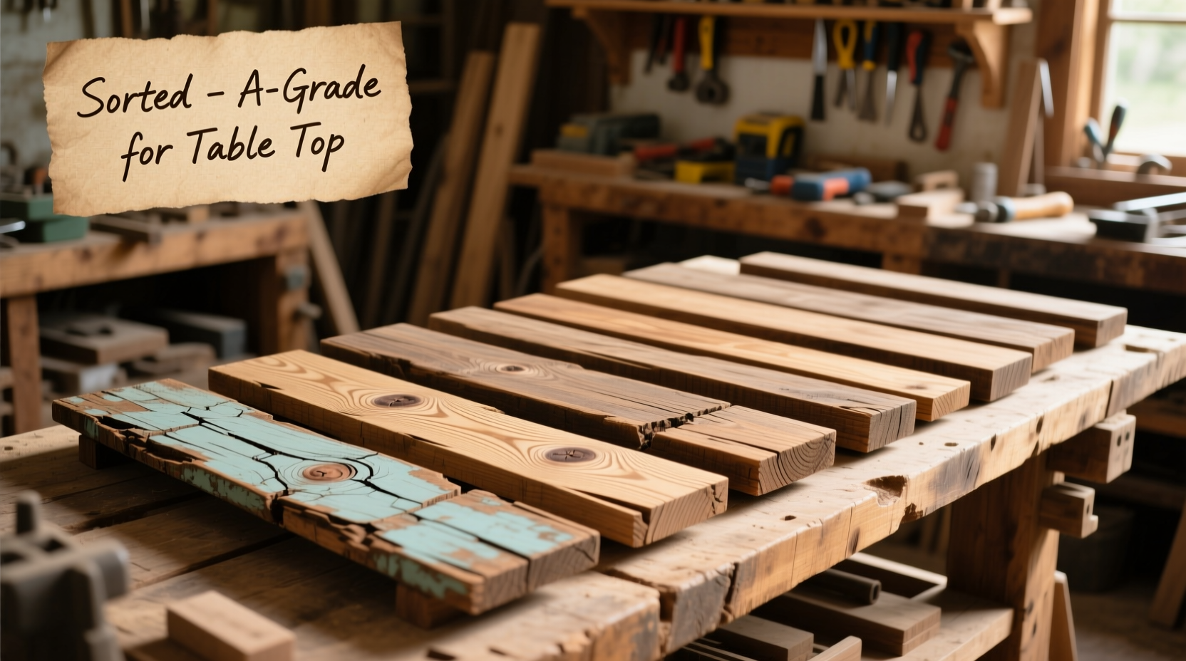 Reclaimed wood planks sorted for diy side table project
