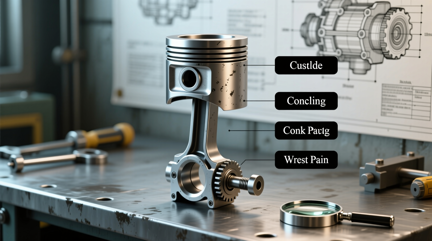 Handcrafted piston model with labeled components