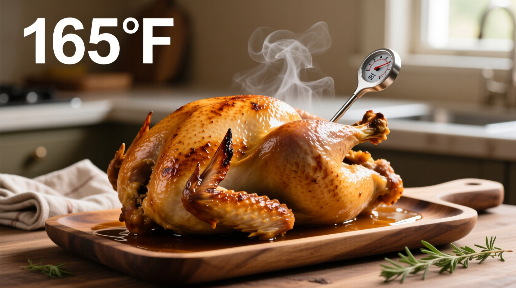 Perfectly roasted turkey with thermometer showing 165 degrees
