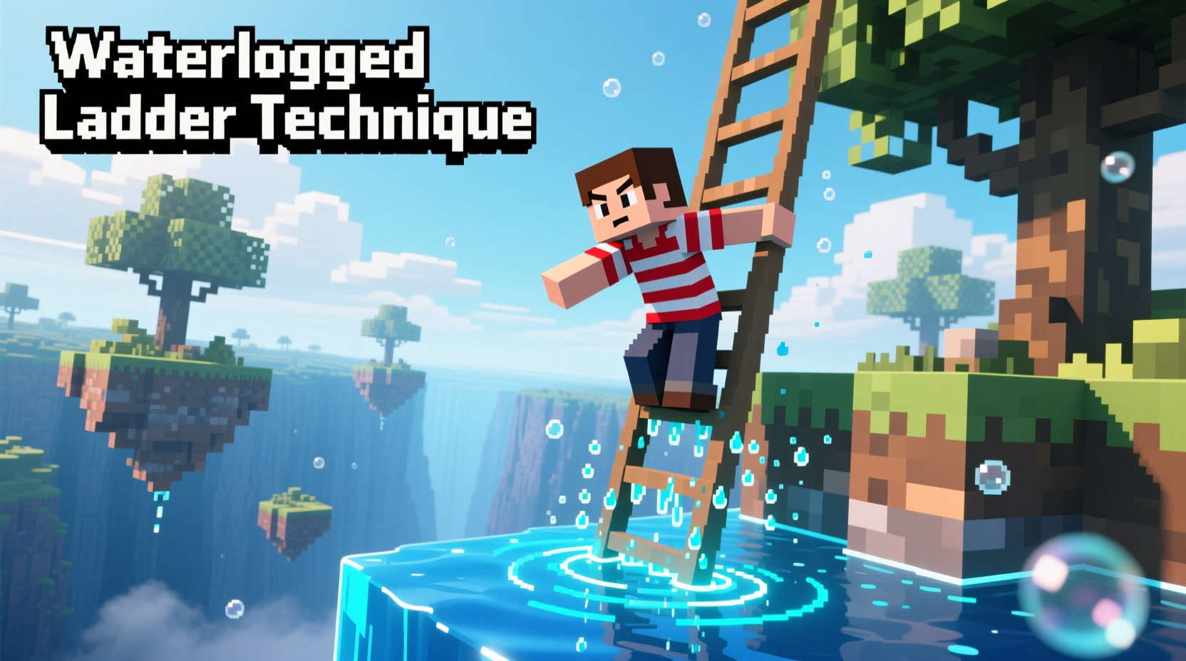 Minecraft player using waterlogged ladder technique