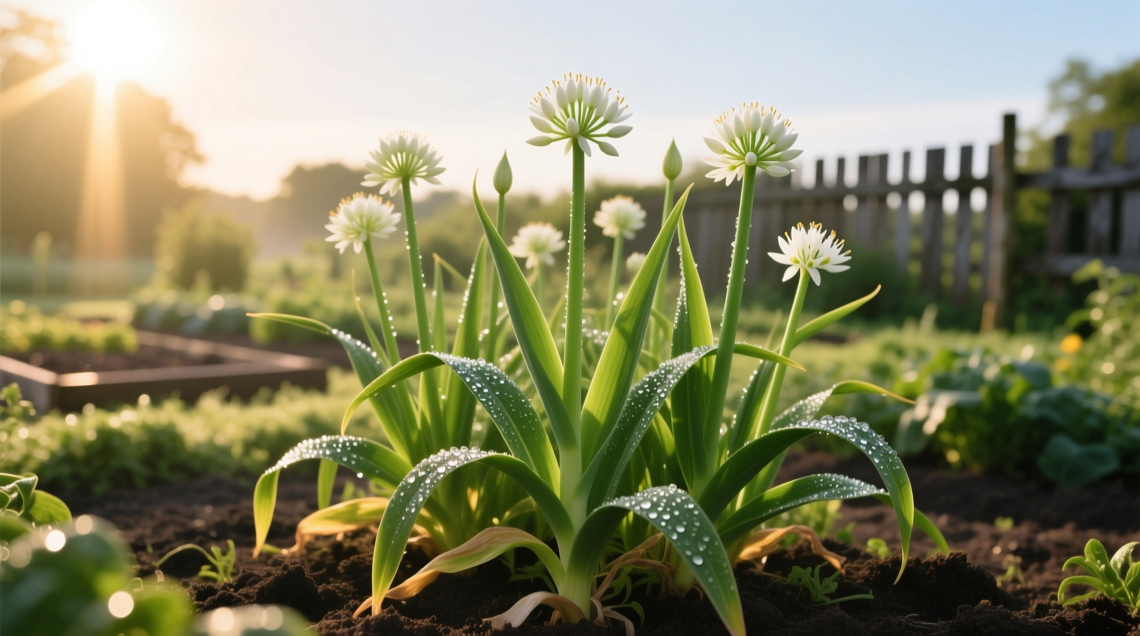 Garlic plants growing in garden with morning sunlight