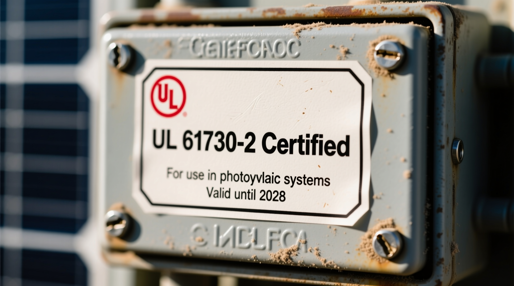 Close-up of UL certification label on solar panel junction box