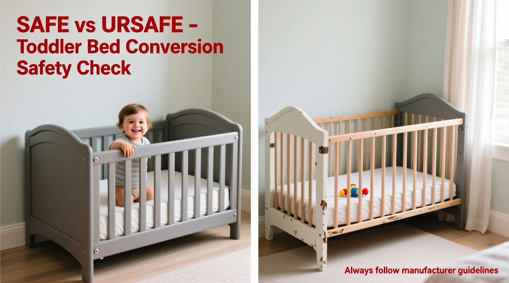 Side-by-side comparison of safe toddler bed conversion vs unsafe infant crib