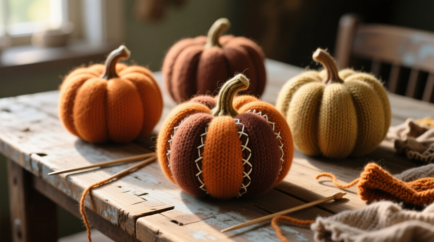 Handmade wool pumpkins from recycled sweater sleeves on wooden table