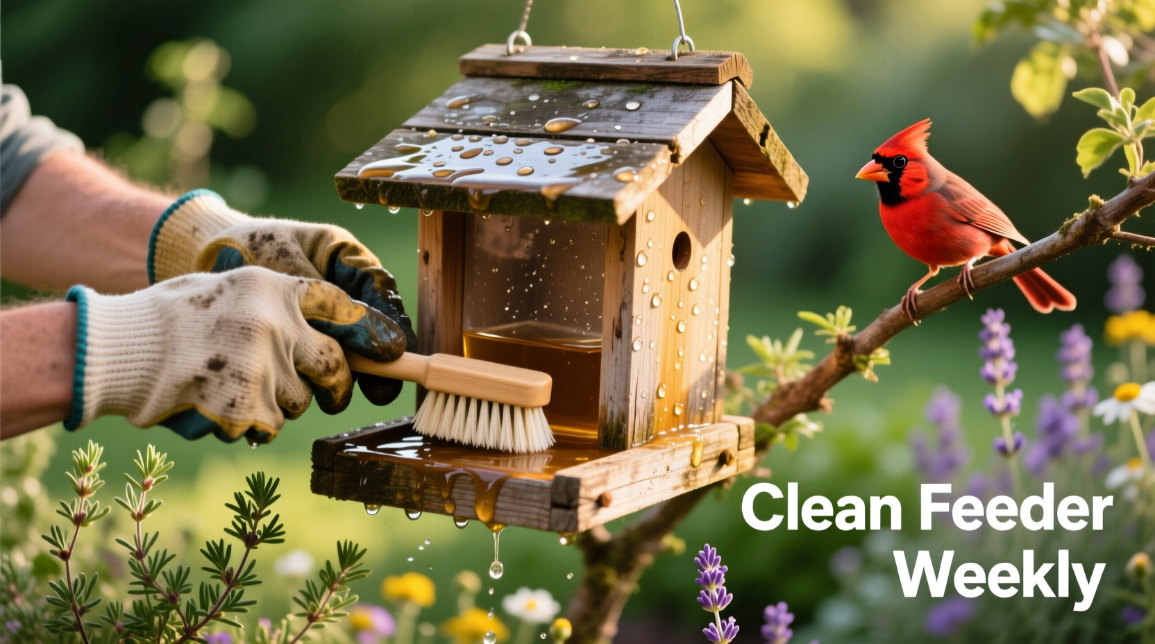 Cleaning bird feeder with vinegar solution in garden