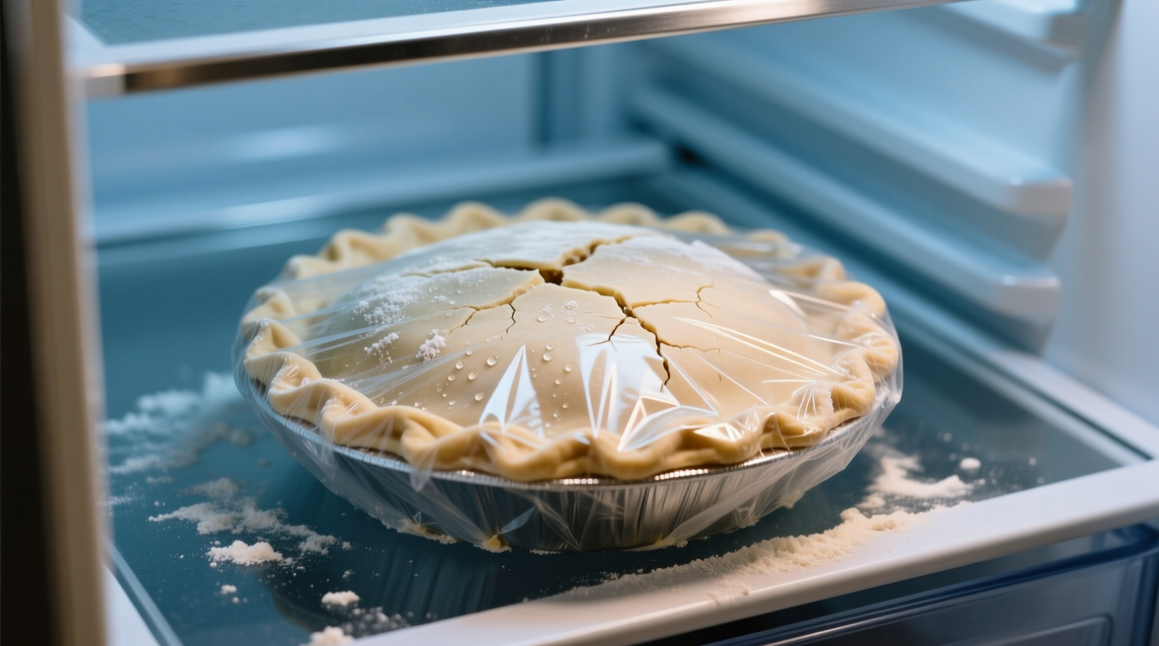 Wrapped pie dough disk chilling in refrigerator