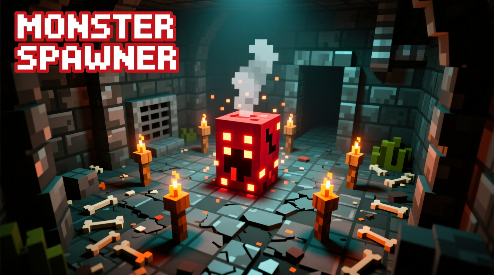 Minecraft dungeon with monster spawner surrounded by torches