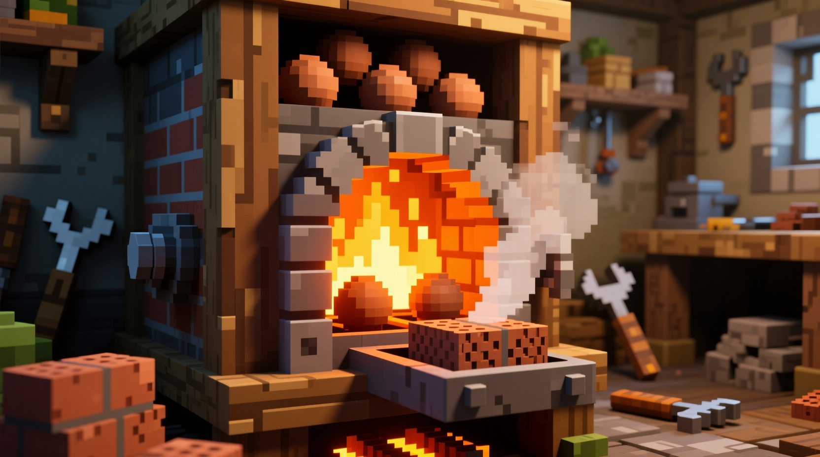 Furnace smelting clay balls into bricks in Minecraft