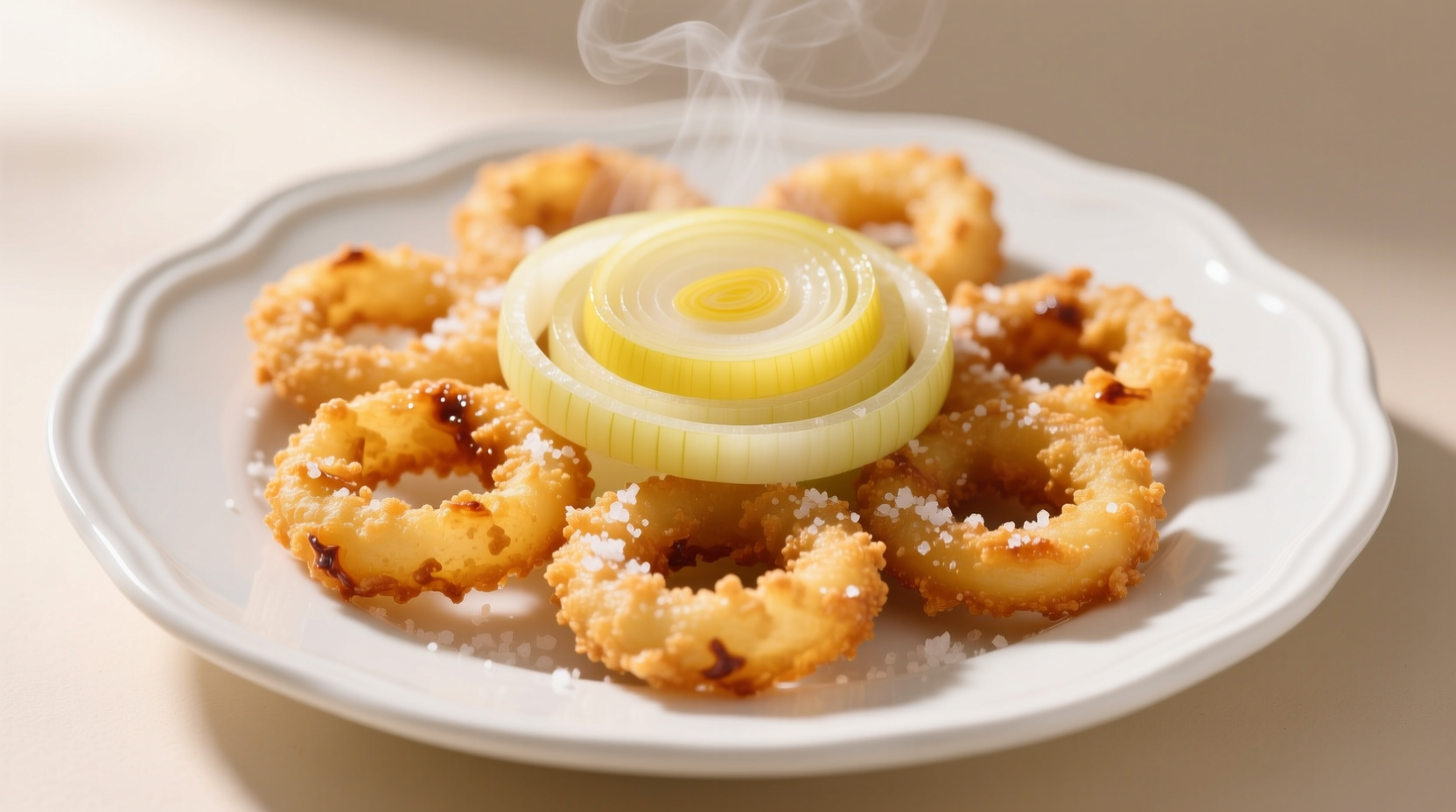 Crispy golden Peatos onion rings on white plate