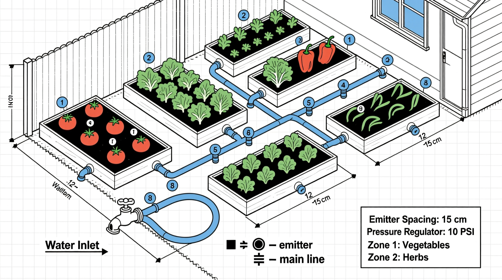 DIY drip irrigation layout planning on graph paper