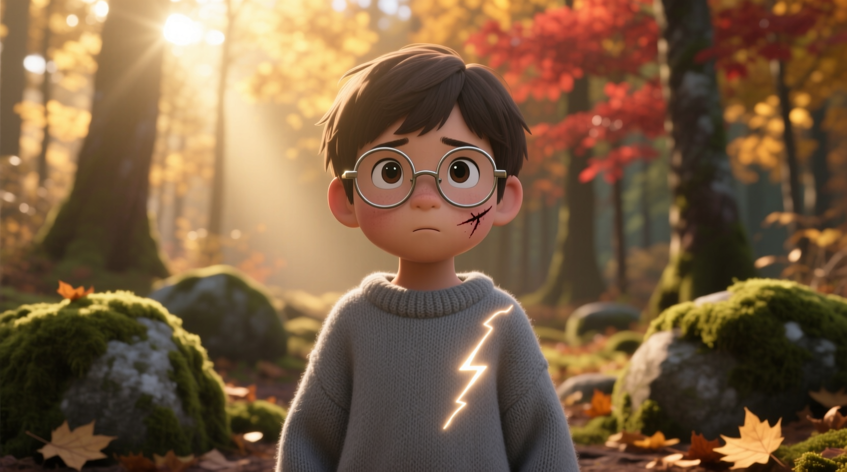 Child in gray sweater with lightning scar and glasses