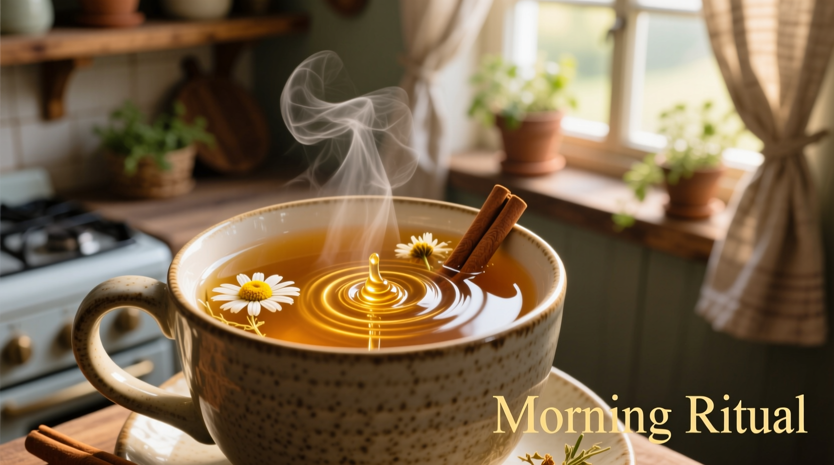 Golden honey swirling in warm herbal tea showing thick, viscous texture of pure honey