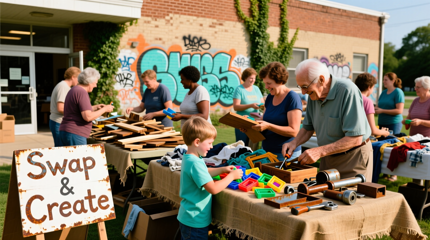 Community scrap swap event with reclaimed materials in Plainfield