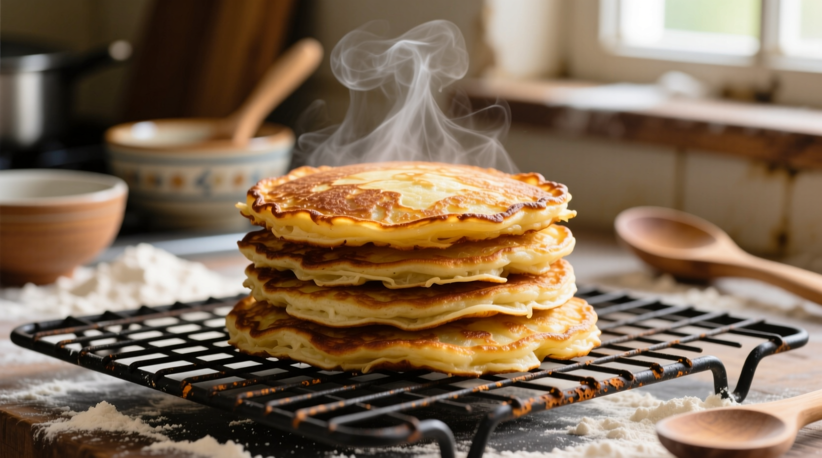 Golden brown potato pancakes on wire rack