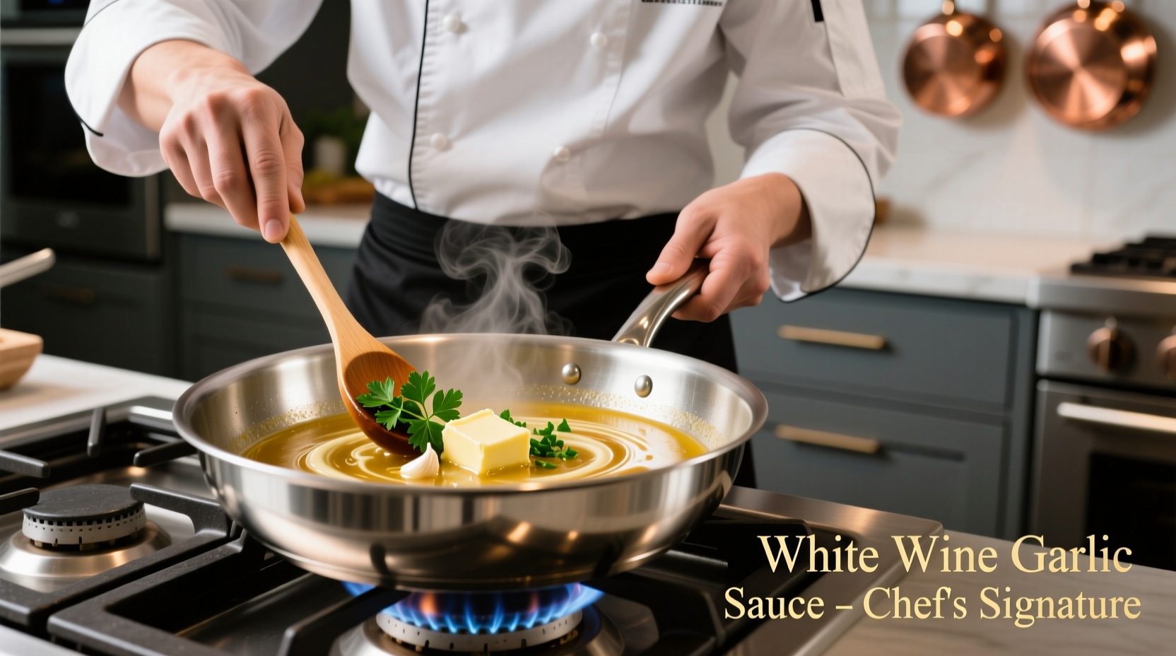 Chef preparing white wine garlic sauce in stainless steel pan
