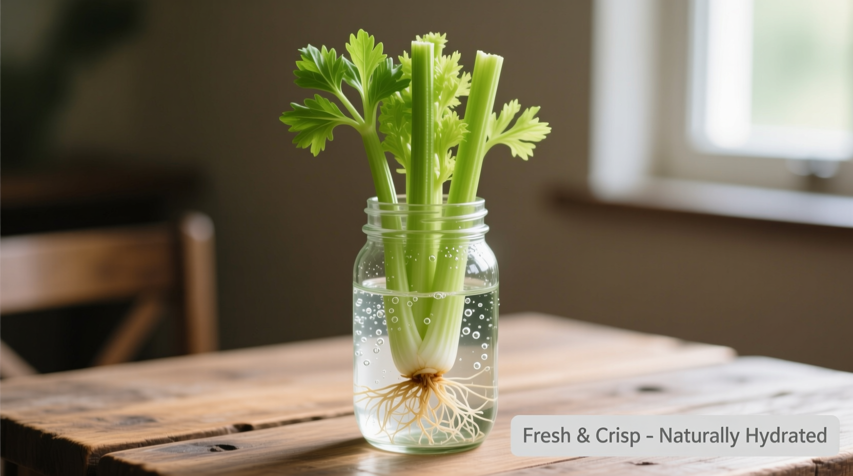 Celery stored upright in water-filled mason jar