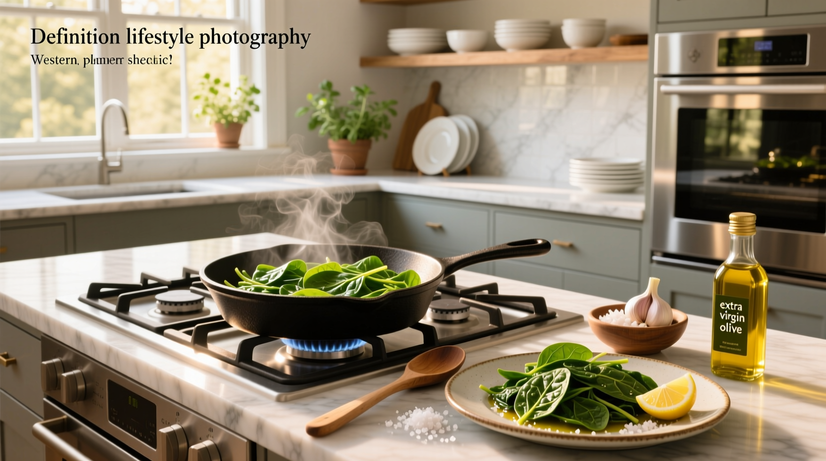 Finished plate of sautéed spinach with visible garlic pieces and olive oil sheen