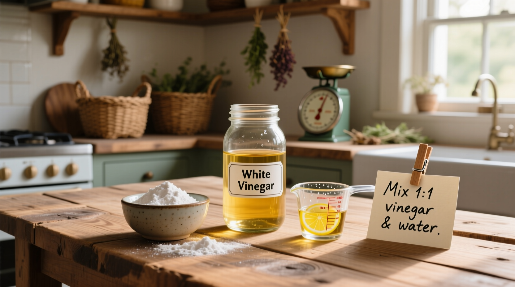 Homemade carpet cleaner ingredients on wooden table