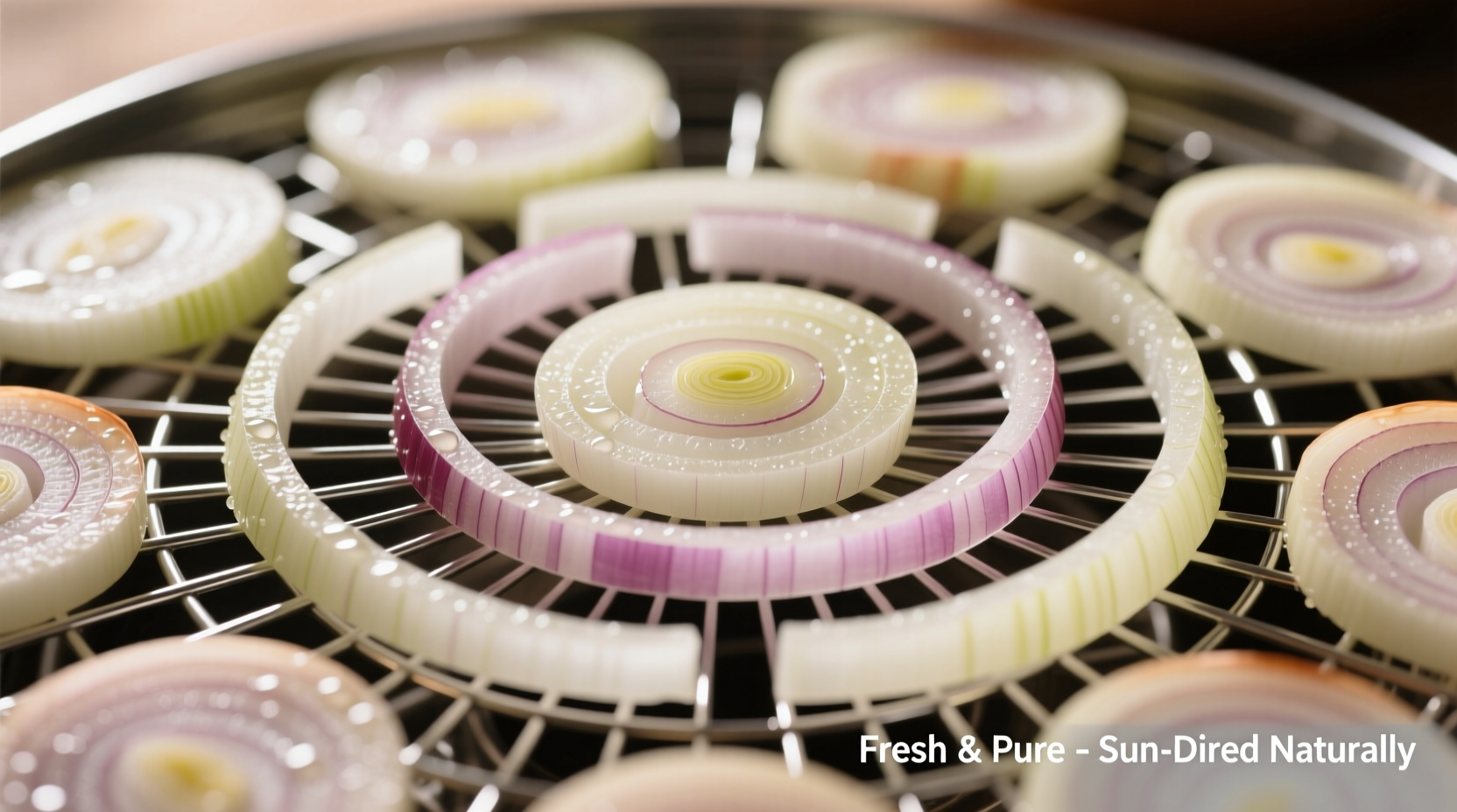 Fresh onion slices arranged on dehydrator trays