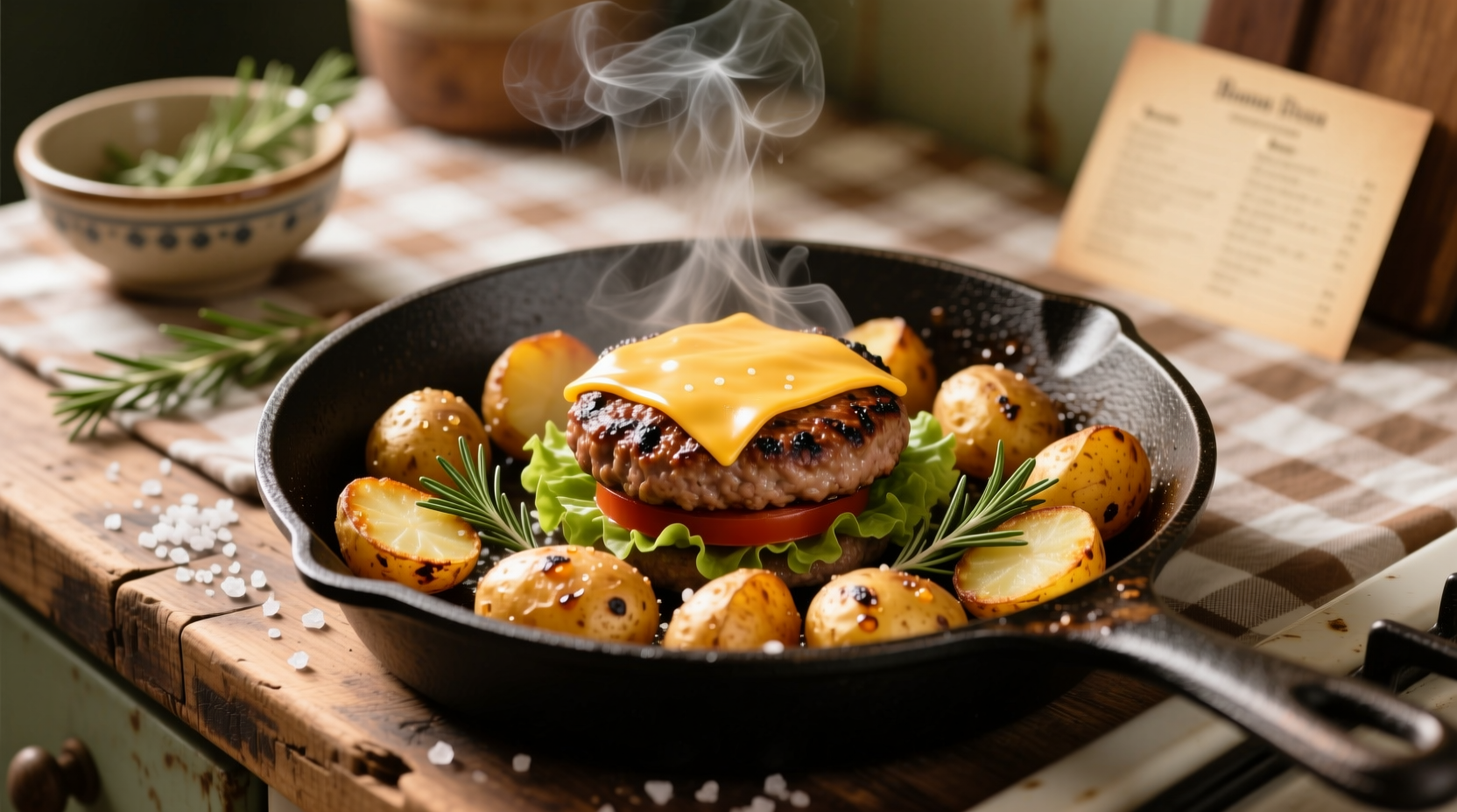 Cast iron skillet with sizzling hamburger and potatoes