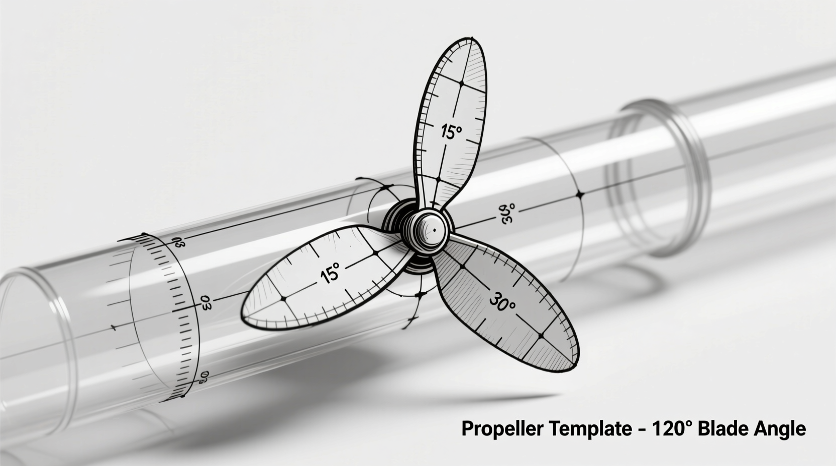 Hand-drawn propeller template on PVC pipe with angle measurements