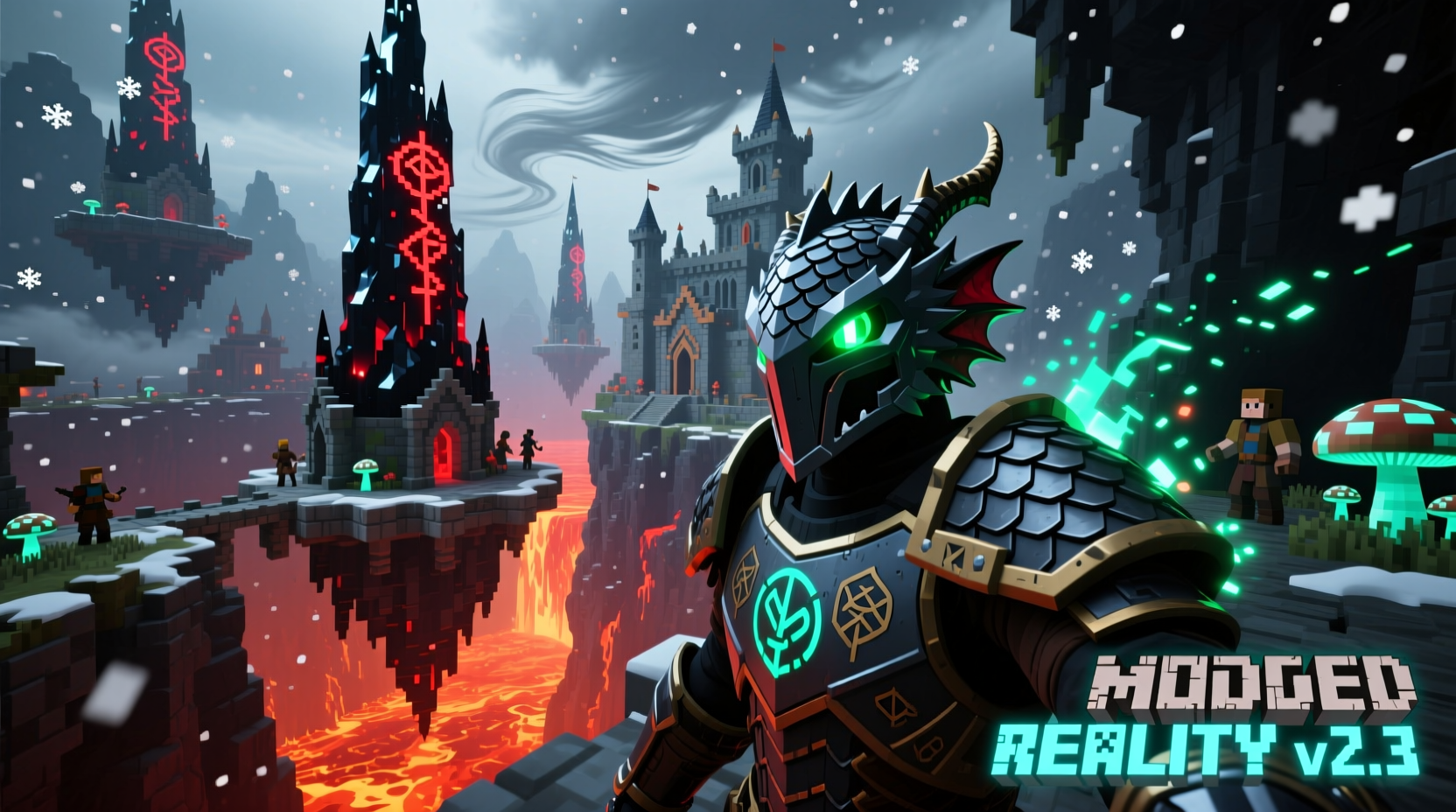 Minecraft gameplay showing modded features like custom armor and structures